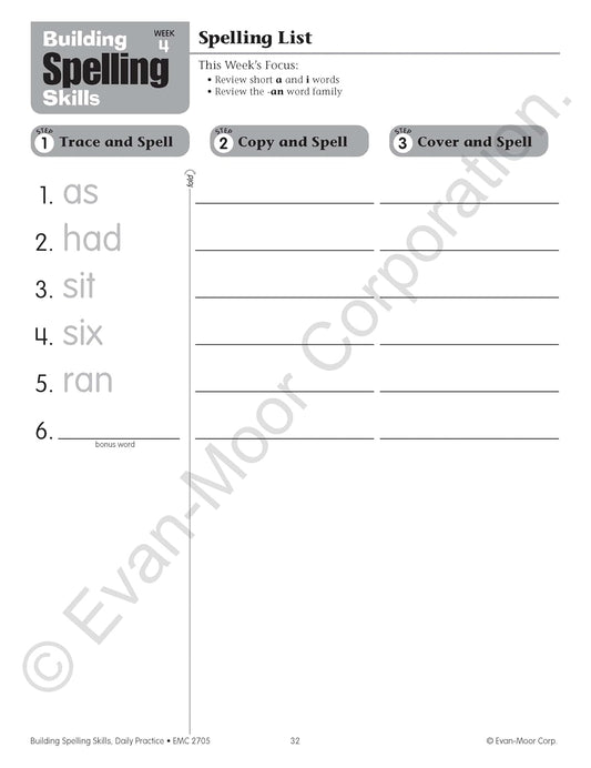 Evan-Moor Building Spelling Skills, Teacher's Edition, Grade 1