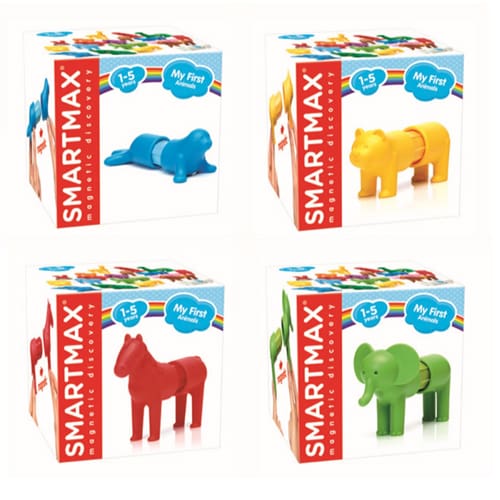 Four SmartMax toy boxes with animal figures on a white background
