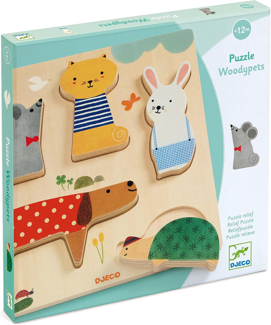 WoodyPets wooden puzzles from djeco with a mouse, cat, bunny, turtle, and dog. box.