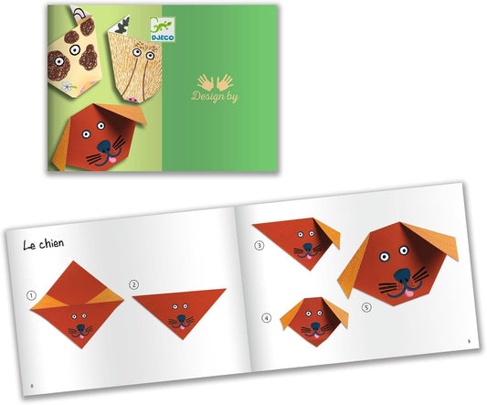 djeco origami animals for ages 4-7. featuring a deer, cat, and dog on the front. Instruction manual to create an origami dog.