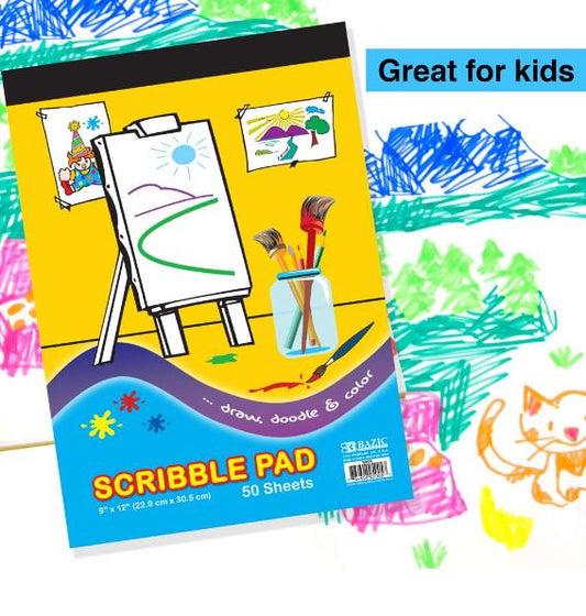 Scribble Pad 9" x 12" 50 Sheets with a kids drawings in the background. Includes the text "great for kids"