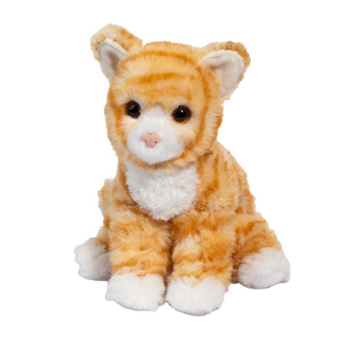 Plush toy cat with orange and white fur on a white background