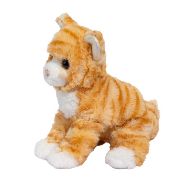 Plush toy resembling a cat with orange and white fur on a white background