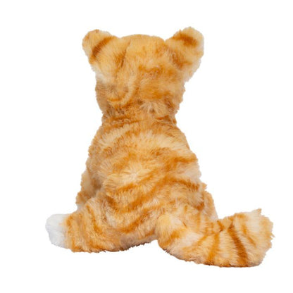 Plush toy cat with orange and white stripes on a white background