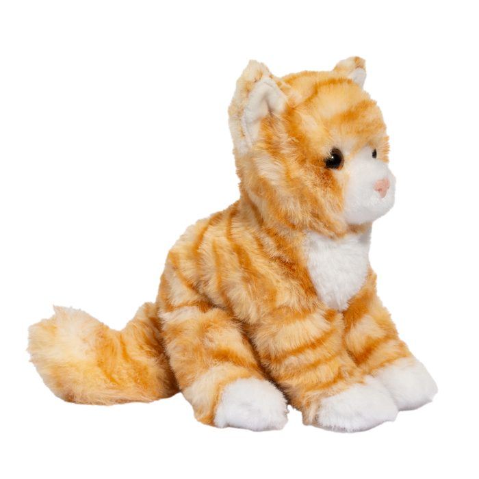 Plush toy cat with orange and white fur on a white background
