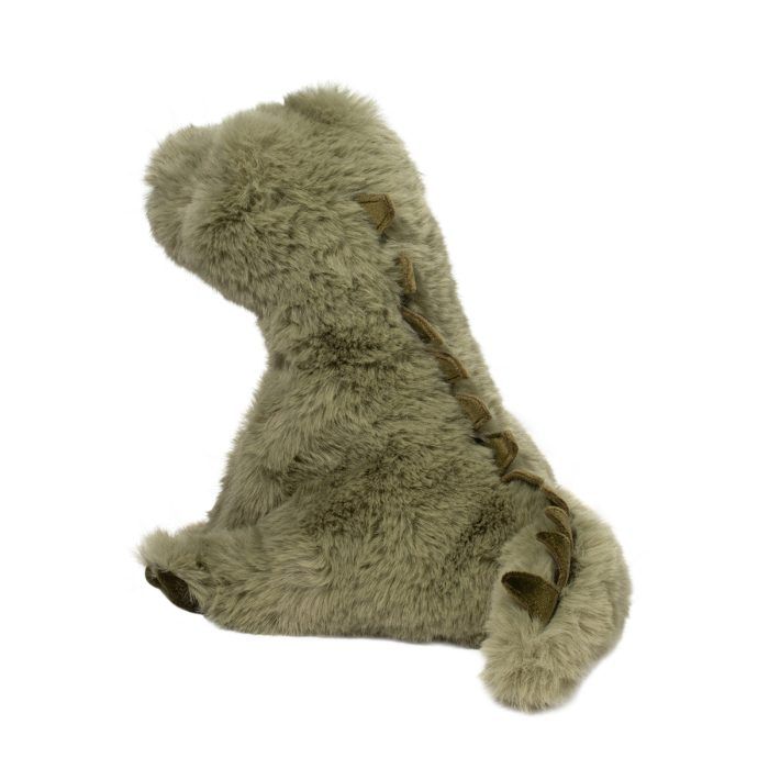 Green plush toy resembling a dinosaur on a white background