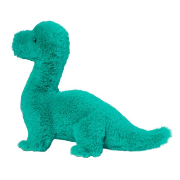 Plush dinosaur toy in teal color on a white background