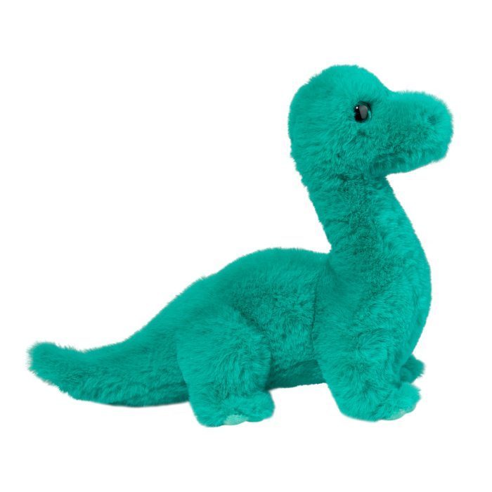 Plush dinosaur toy in teal color on a white background Brontie Brontosaurus Mini Soft