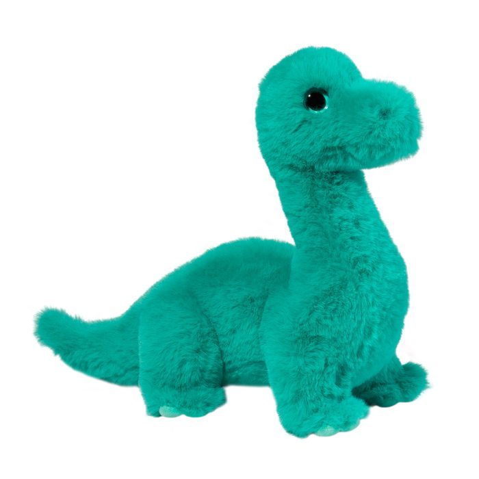 Plush dinosaur toy in teal color on a white background Brontie Brontosaurus Mini Soft