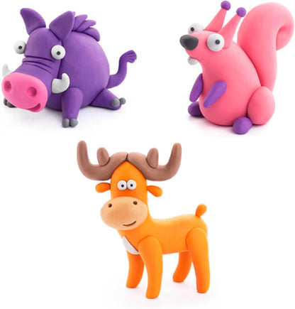 Hey Clay Forest Animals Kit for kids. Set for creating 6 characters. Warthog, bear, moose, squirrel, bear, and fox. 15 cans of air dry clay. Also includes interactive app. Ages 6+.