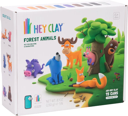 Hey Clay Forest Animals Kit for kids. Set for creating 6 characters. Warthog, bear, moose, squirrel, bear, and fox. 15 cans of air dry clay. Also includes interactive app. Ages 6+.