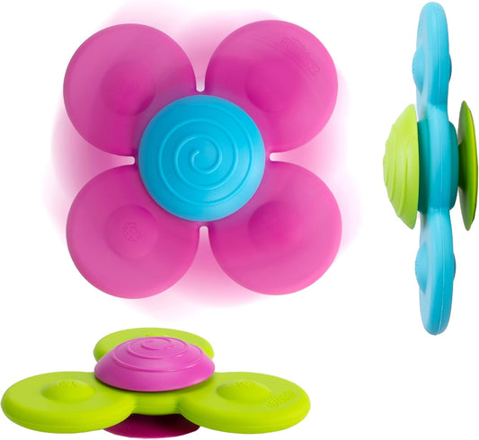 Whirly Squigz. Pink, blue, and green spinner toys for babies and toddlers.