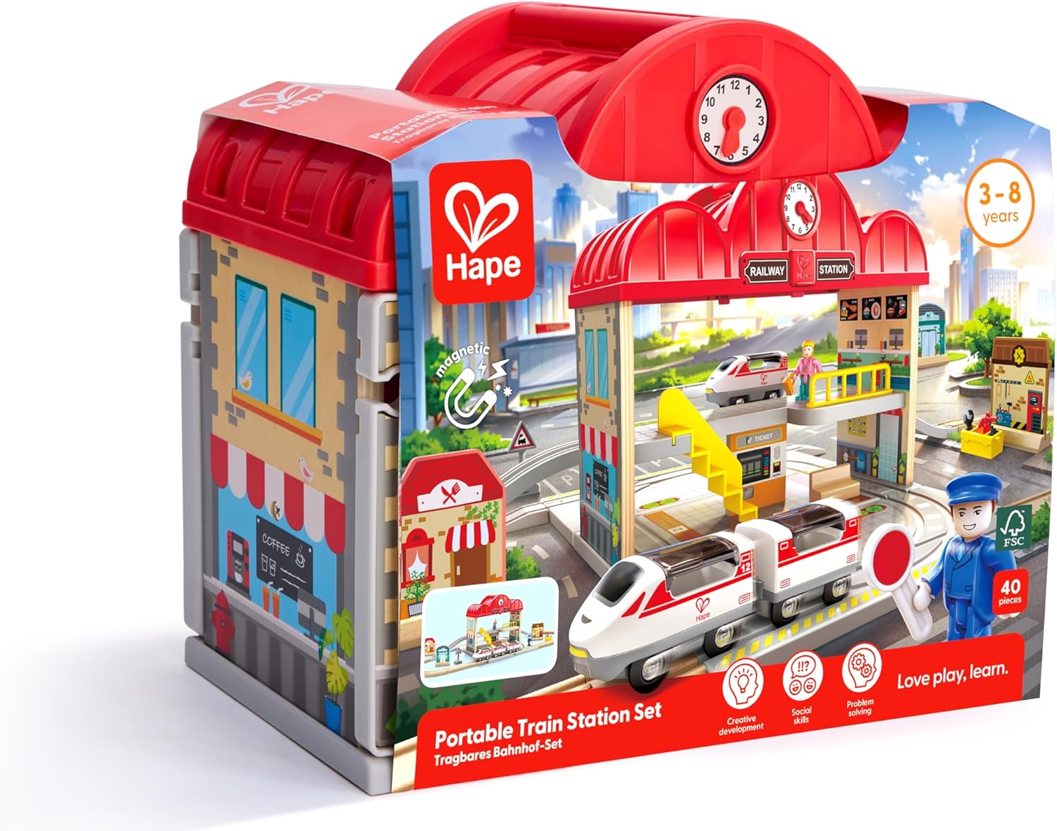 Hape Portable Train Station Set packaging with toy train and station model