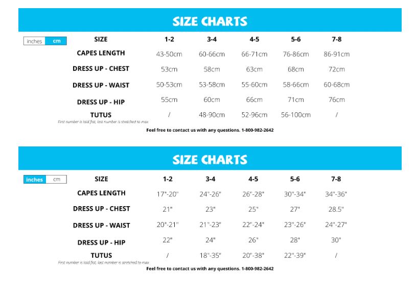 Great Pretenders Size Chart