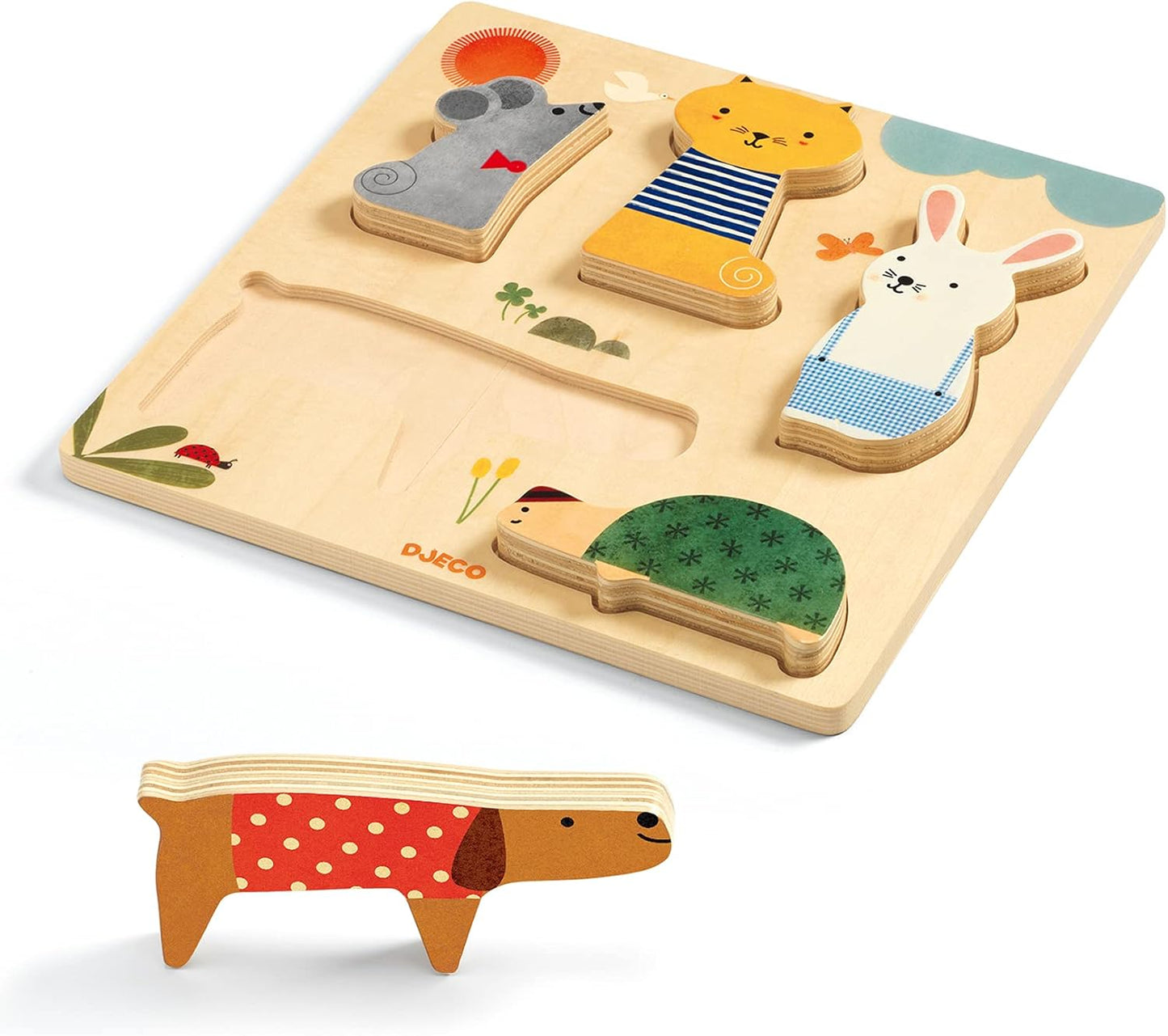 WoodyPets wooden puzzles from djeco with a mouse, cat, bunny, turtle, and dog. for ages 12+ months.