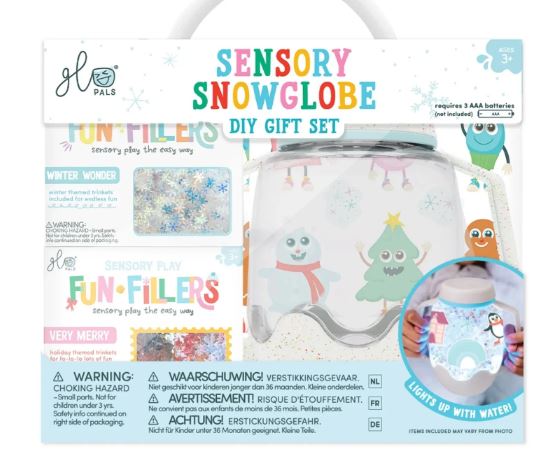 Sensory snowglobe DIY gift set packaging with colorful text and images of snow globes.