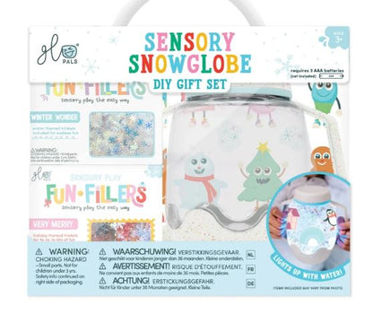 Sensory snowglobe DIY gift set packaging with colorful text and images of snow globes.