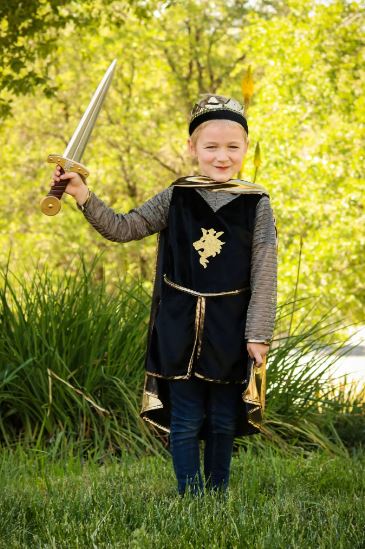 Great Pretenders Gold Knight Tunic Cape and Crown. Costume for boys. Boy holding sword (not included)