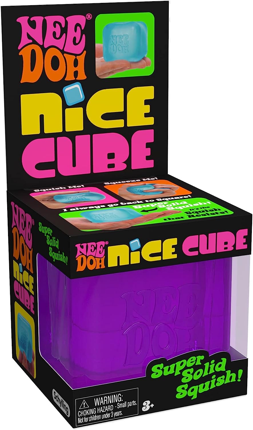 Packaging for NeeDoh Nice Cube, showing the product in a purple case with its name and features listed.