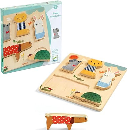 WoodyPets wooden puzzles from djeco with a mouse, cat, bunny, turtle, and dog.