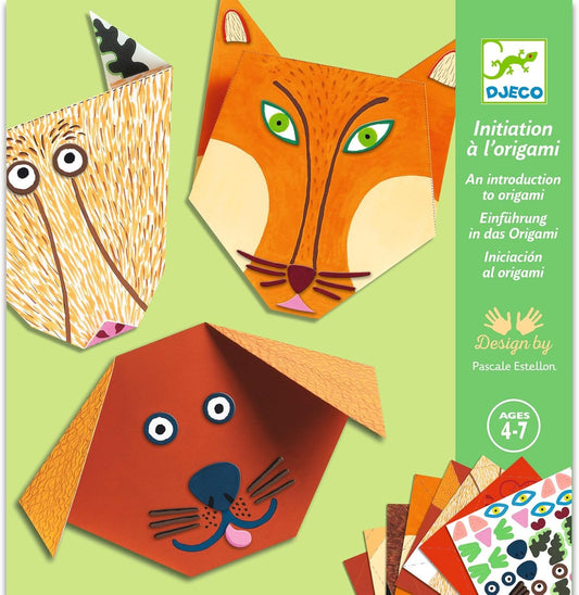 djeco origami animals for ages 4-7. featuring a deer, cat, and dog on the front.