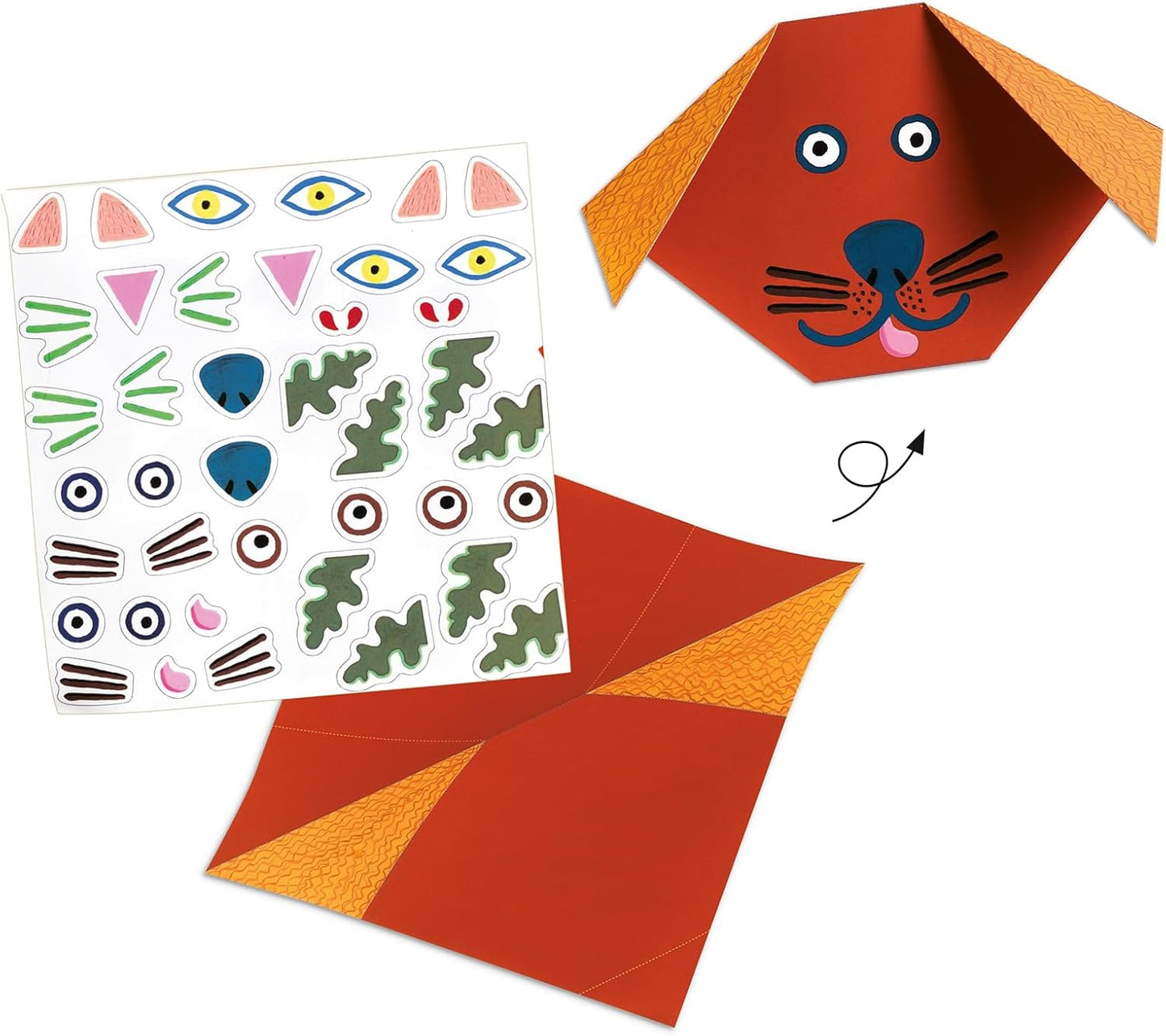 djeco origami animals for ages 4-7. featuring a deer, cat, and dog on the front. Instruction manual to create an origami dog and stickers