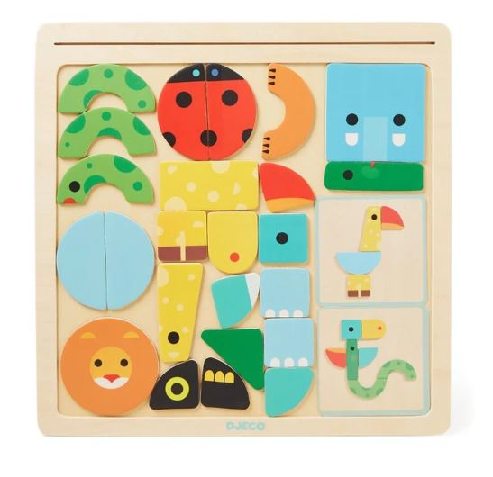 Geo Basic from djeco 32-Piece Magnetic Puzzle for Toddlers including an elephant, ladybug, lion, giraffe, bird, and snake. 