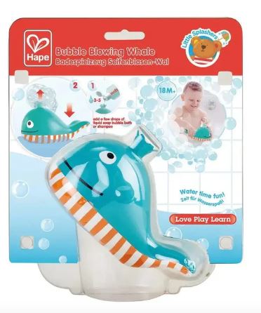 Bubble blowing whale toy in packaging with Hape logo