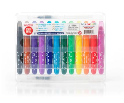 Rainbow Bright Watercolor Crayons – 12 Colors with 2 Refillable Water Brushes