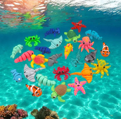 Colorful sea creature toys floating in clear blue water.