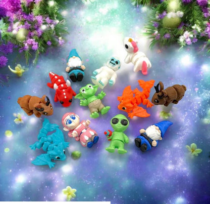 Colorful toy figures on a magical background with flowers and light effects.