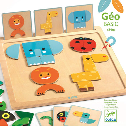 Geo Basic from djeco 32-Piece Magnetic Puzzle for Toddlers including an elephant, ladybug, lion, and giraffe