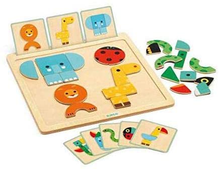 Geo Basic from djeco 32-Piece Magnetic Puzzle for Toddlers including an elephant, ladybug, lion, and giraffe with cards