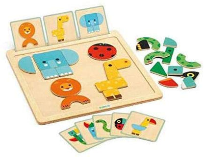 Geo Basic from djeco 32-Piece Magnetic Puzzle for Toddlers including an elephant, ladybug, lion, and giraffe with cards